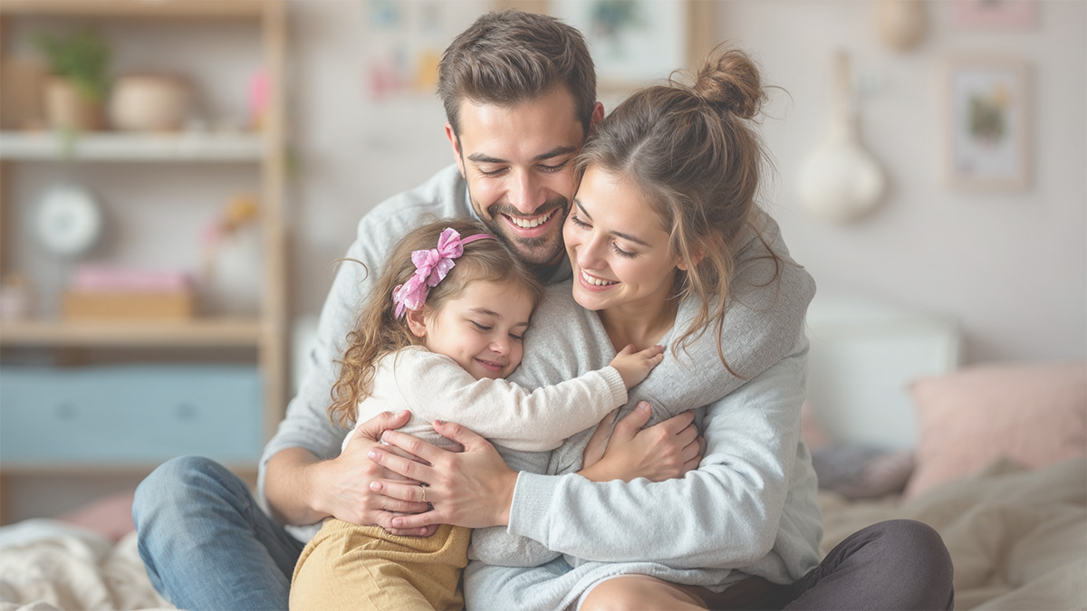 Smiling family looking at paperwork together, symbolizing easy benefits
